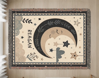 Manta tejida personalizada con luna y estrellas, manta para bebé con nombre personalizado, manta celestial para habitación infantil, decoración de dormitorio, regalo bohemio para bebé, regalo de cumpleaños