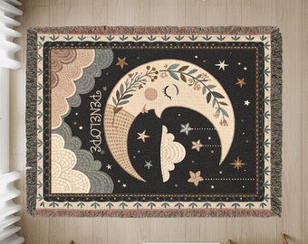 Manta de luna personalizada, manta tejida con nombre personalizado, decoración celestial para habitación infantil, regalo para baby shower