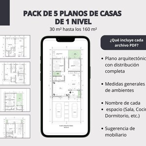 Puede incluir: Una pantalla digital muestra planos arquitectónicos de casas. El texto dice "PACK DE 5 PLANOS DE CASAS DE 1 NIVEL" con tamaños de 30 m² a 160 m². Los planos incluyen diseños arquitectónicos, medidas de habitaciones, nombres de habitaciones y sugerencias de mobiliario.