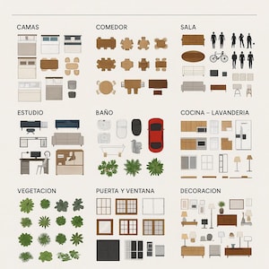 Puede incluir: Un gráfico con muebles y elementos arquitectónicos, incluyendo camas, mesas de comedor, sofás y plantas. El texto "FURNITURE PNG FOR ARCHITECTURE PLANS" está en la parte superior. La imagen está organizada en categorías.