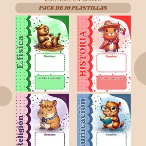 Puede incluir: Un conjunto de diez portadas de cuadernos editables en Canva con ilustraciones de capibaras. Las portadas están etiquetadas con asignaturas como "E. fisica", "Historia", "Religión" y "Comunicación", cada una con espacio para nombre y grado.