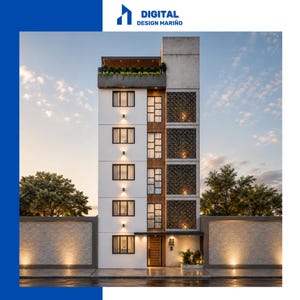 Puede incluir: Un edificio moderno de varios pisos con fachada blanca, ventanas con marcos negros y paneles decorativos estampados. El edificio cuenta con una puerta de madera, iluminación exterior y el texto "DIGITAL DESIGN MARIÑO".