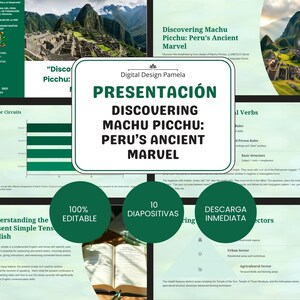 Puede incluir: Una presentación titulada "Descubriendo Machu Picchu: La Antigua Maravilla del Perú" con un diseño verde y blanco. La presentación incluye el texto "100% Editable", "10 Diapositivas" y "Descarga Inmediata".