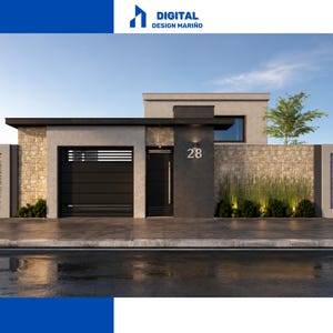 May include: A contemporary house exterior featuring a black garage door and front door. The building has a stone facade and a flat roof. The number 28 is displayed on the wall. The text "DIGITAL DESIGN MARIÑO" is in the upper right corner.