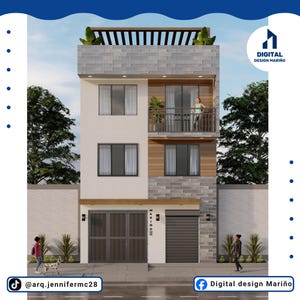 May include: A three-storey building with a white facade, grey brick accents, and wooden panelling. The building features multiple windows, balconies, and a garage. The top of the building has a flat roof with a decorative element. The image includes the text "Digital Design Mariño".