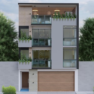May include: A contemporary three-storey building with a light grey facade, wooden features, and large windows. The building has a garage door, balconies with glass railings, and rooftop greenery. The exterior is framed by trees and a brick wall.