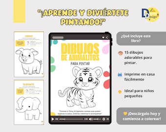 Può includere: Un libro da colorare digitale intitolato "Disegni di animali da colorare" con un'illustrazione di una tigre. L'immagine include esempi di pagine da colorare di maiali ed elefanti. Il testo in spagnolo recita: "Impara e divertiti a dipingere!"