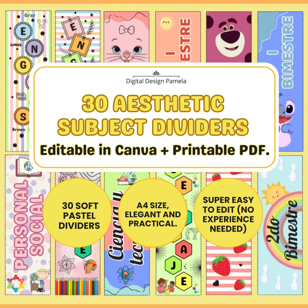 30 Editable Subject Dividers for Binders | A4 Canva & PDF Templates ...