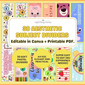 May include: A collection of 30 aesthetic subject dividers with colorful designs and text. The dividers are editable in Canva and printable as a PDF. The image includes text that says "30 Aesthetic Subject Dividers" and "Editable in Canva + Printable PDF."