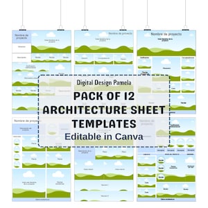 Puede incluir: Un conjunto de 12 plantillas de hojas de arquitectura, editables en Canva, con un diseño de paisaje. Las plantillas incluyen secciones para el nombre del proyecto, descripciones y renders. El diseño incluye colinas verdes y cielos azules.