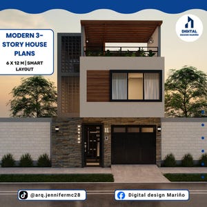 Plans de maison 6×12 | Maison moderne à 2 étages + terrasse sur le toit | PDF avec cotes