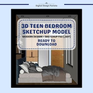 Puede incluir: Una representación 3D de un dormitorio moderno para adolescentes, con una cama, almohadas y una manta. Se ve un armario y una puerta. El texto de la imagen dice "3D TEEN BEDROOM SKETCHUP MODEL" y "READY TO DOWNLOAD".