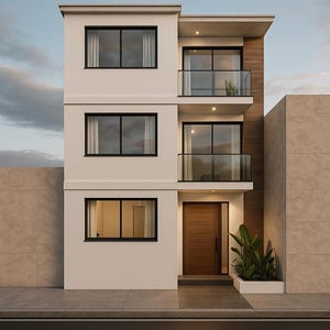 Puede incluir: Un edificio moderno de tres pisos con fachada blanca, ventanas con marcos negros y balcones de vidrio. La entrada presenta una puerta de madera y un pequeño jardín con plantas verdes. El edificio está junto a una pared de piedra texturizada.