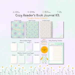 Läsjournalkit med tusensköntema, pastellblommig boklig spårare, läsmaterial (digital nedladdning)