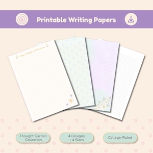 Può includere: Quattro fogli di carta da lettere a righe stampabile con motivi floreali. I design includono pagine a righe con margherite, un motivo azzurro, una sfumatura viola tenue e un foglio a righe semplice. Il testo recita Printable Writing Papers.