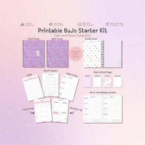Cats and Paws Bullet Journal Pages, Dotted Planner Kit, Cat Print Themed Inserts, Mood Tracker, Brain Dump, Future, Monthly and Weekly Log