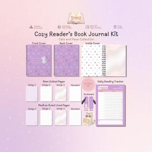 Könnte beinhalten: Ein Cozy Reader's Book Journal Kit mit lila Einband, Rückseite und Innenseite im Katzen-Design. Enthält 5mm gepunktete Seiten, linierte Seiten, einen täglichen Lese-Tracker und ein Lesezeichen mit Katzen-Illustration in einem 13-teiligen Set.