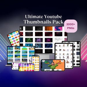 May include: A collection of digital devices, including tablets and smartphones, displaying various thumbnail designs. The text "Ultimate Youtube Thumbnails Pack" is visible, along with "3000+ PNGs". The screens showcase colorful backgrounds and graphic elements.