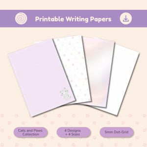 May include: Four sheets of printable writing paper with a 5mm dot-grid pattern. The designs include a solid light purple sheet with a small gray cat, a white sheet with pink paw prints, a soft pink gradient sheet, and a plain white sheet.