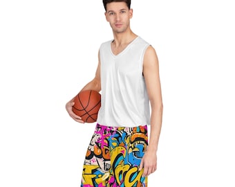 Graffiti Basketball Shorts, Bright Colorful Athletic Wear, Streetwear Gear for Basketball Lovers, Summer Style, Trendy Sports Apparel