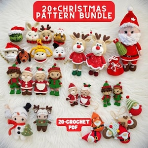 Peut inclure: Un ensemble de 20+ patrons de Noël au crochet, comprenant le Père Noël, des rennes, des elfes, des bonhommes de neige et des ornements. Les figurines faites à la main sont rouges, vertes, blanches et marron. Le texte de l'image indique "20+ CHRISTMAS PATTERN BUNDLE" et "20+ CROCHET PDF".