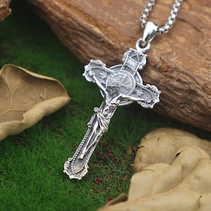 Jesus & Saint Benedict Crucifix Necklace – 925 Sterling Silver Cross with St Benedict Medal – Christian Protection, Faith Jewelry for Men