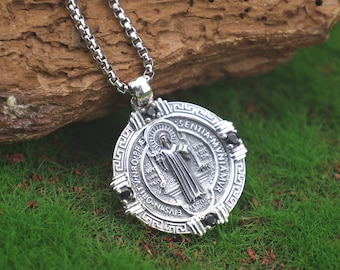 St Benedict Necklace — 925 Sterling Silver Medalla de San Benito Pendant, Saint Benedict Cross Medal, Catholic Protection Jewelry Gift