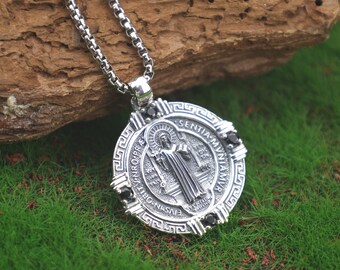 thumbnail image 2 of 925 Sterling Silver St. Benedict Medal Necklace – 20" Anchor Chain, Round Pendant (20mm), Made In Italy 2 of 6