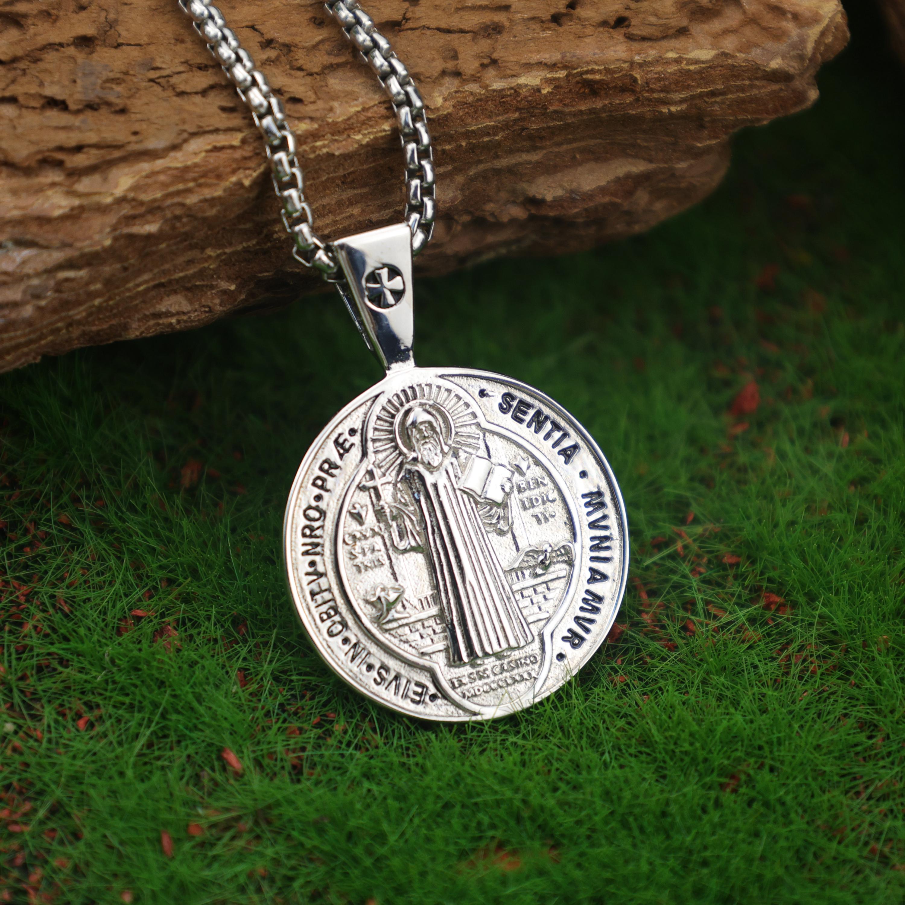 St Benedict Medal Necklace, 925 Sterling Silver Patron Saint Pendant ...