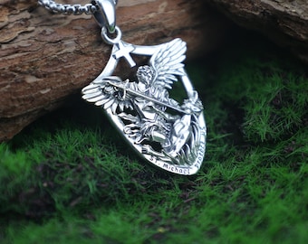 St. Michael Shield Pendant Necklace | 925 Sterling Silver Protection Amulet | Patron Saint Medal for Strength & Courage | Christian Gift