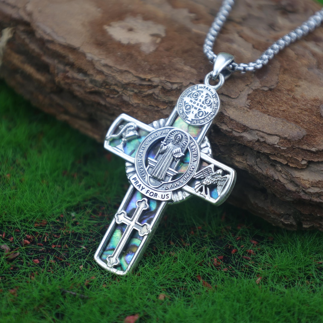 St. Benedict Cross Necklace, 925 Sterling Silver Abalone Inlay Pendant ...