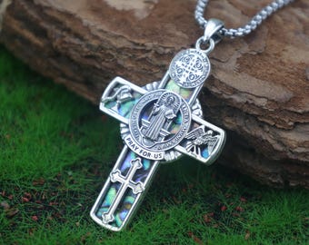 St. Benedikt Kreuz Halskette, 925 Sterling Silber Abalone Inlay Anhänger, katholischer Schutzschmuck, Geschenk zum Abschluss