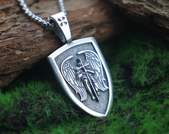 Sterling Silver St. Michael Shield Pendant Necklace: Christian Protection Jewelry