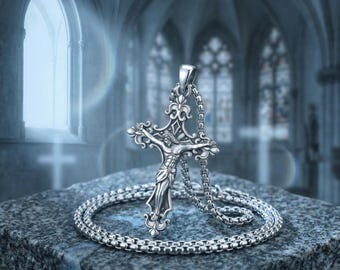 Jesus Crucifix Necklace: Sterling Silver Cross Pendant, Christian Jewelry for Men, Religious Catholic, Faith Gift for Christmas