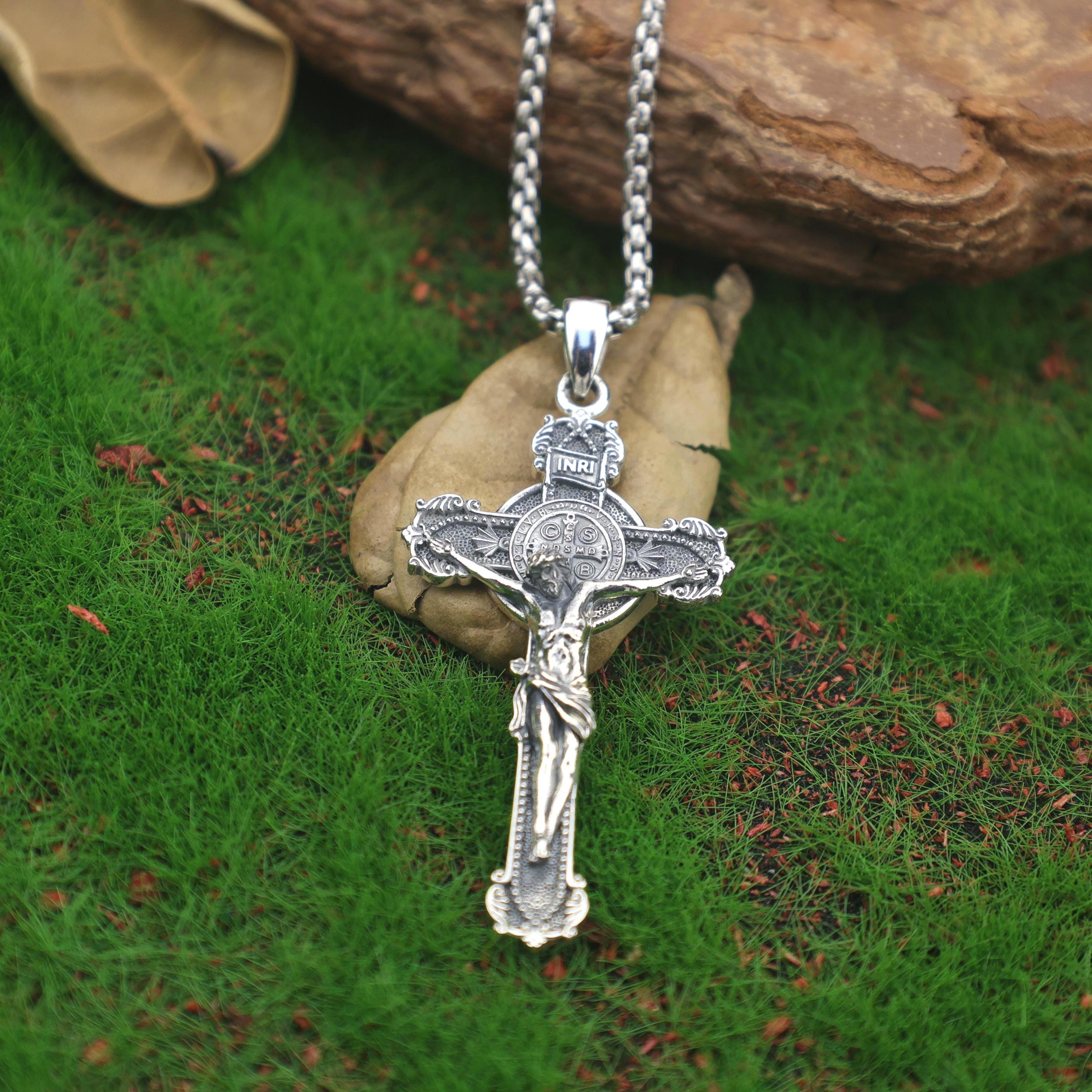 Jesus & Saint Benedict Crucifix Necklace – 925 Sterling Silver Cross ...