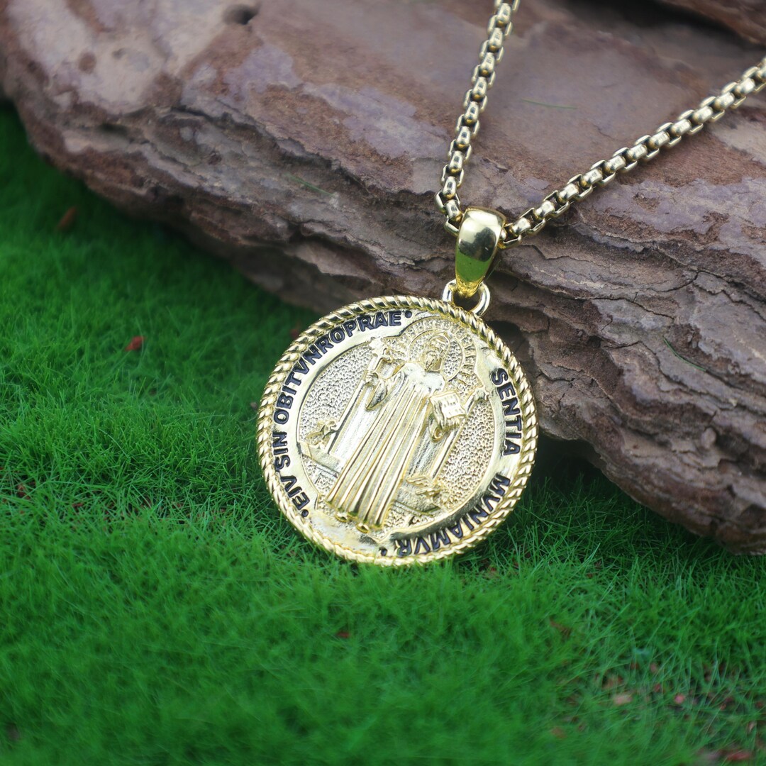 St. Benedict Pendant 925 Sterling Silver Necklace – Catholic Saint Gold ...