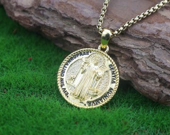 St. Benedict Pendant 925 Sterling Silver Necklace – Catholic Saint Gold-Tone Medal Amulet – Handmade Spiritual Protection Jewelry Gift