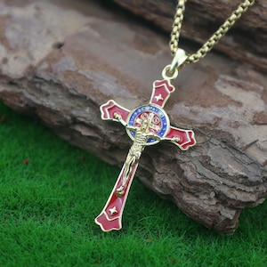 St Benedict Crucifix 925 Sterling Silver Necklace – Sacred Cross with St Benedict Medal Amulet – Handmade Spiritual Protection Jewelry Gift
