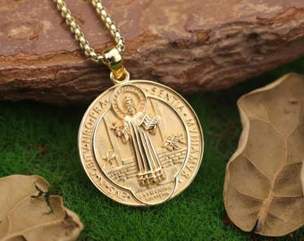 Saint Benedict Necklace – 925 Sterling Silver Gold-Tone Medalla de San Benito Pendant – Christian Protection Medal for Faith & Strength