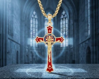 St. Benedikt Medaille Kruzifix Halskette: 925 Sterling Silber Schutz Anhänger, Gold Emaille Kreuz, christlich-katholisches Geschenk