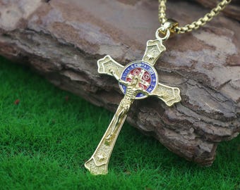 Sterling Silber St Benedikt Kruzifix Halskette: Amulett für spirituellen Schutz