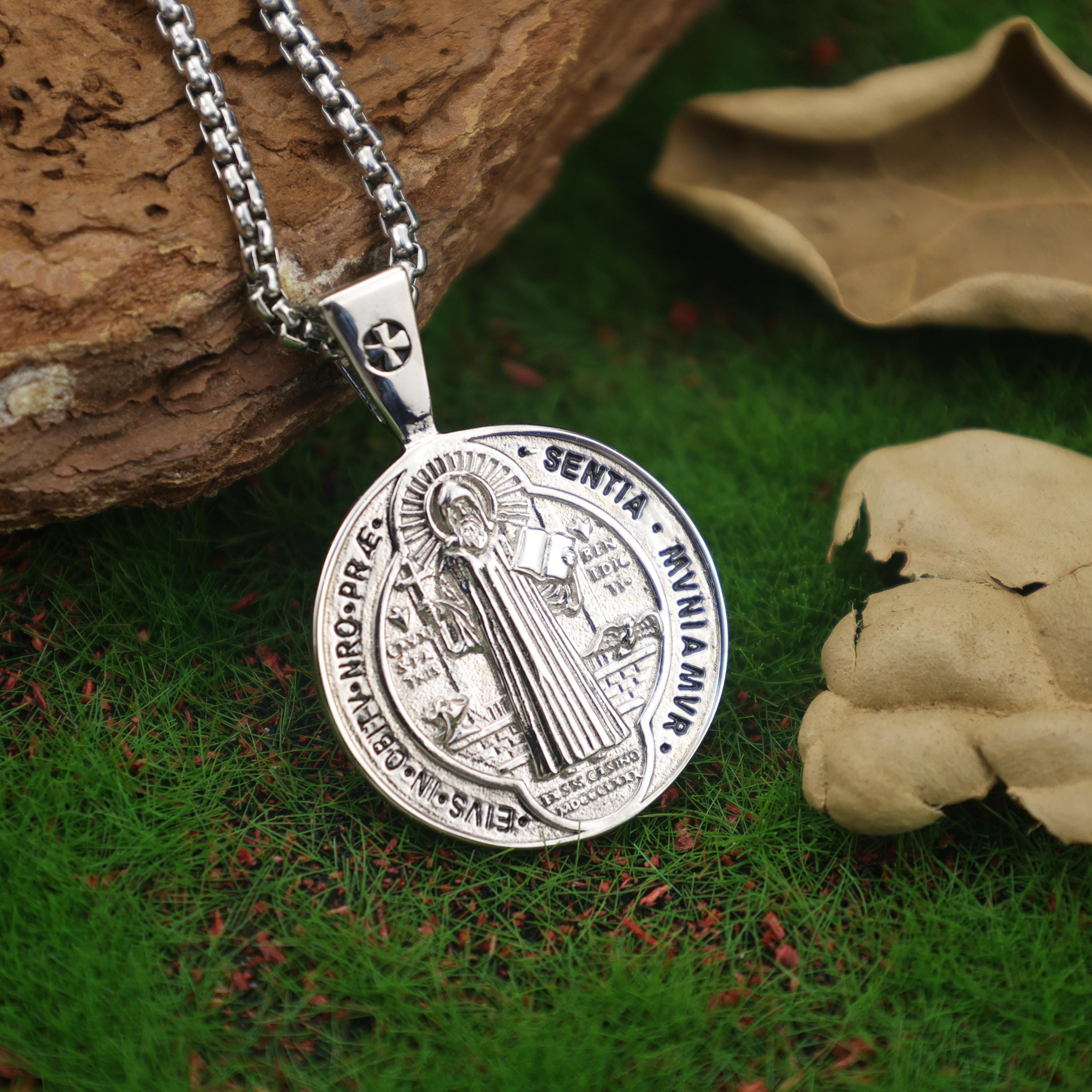 St Benedict Medal Necklace, 925 Sterling Silver Patron Saint Pendant ...