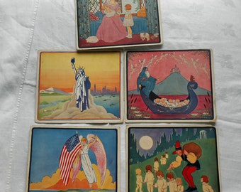 5 LITTLE TOTS CARDS Maud Trube Nursery Rhyme Fun Antique Art Deco Color Prints Statue of Liberty Sandman Lullaby Hail Columbia 5" x 6"