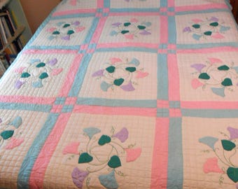 Morning Glory Quilt Hand Sewn Appliques Pastel Flowers & Borders KS Made D or Full