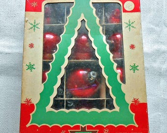 Red Glass Ornaments Cottagecore Christmas Decor 1940s G Franke USA Made Boxed