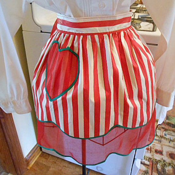 Vibrant Polished Cotton STRIPED APRON Fire Engine RED & White