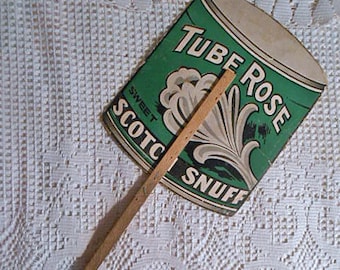 TUBE ROSE Scotch SNUFF Hand Held Fan Antique Die Cut Advertising 7" x 9" Cardboard Iconic Green Gray Design American Company Wood Handle