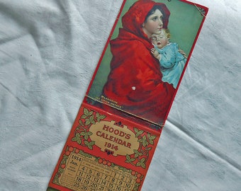 MADONNA & BABY Calendar RARE 1914 Hood's Find Sweet Red Hooded Mother Babe in Blue Dress Ads Complete Intact Pgs Advice Moons Weather 5 x 14