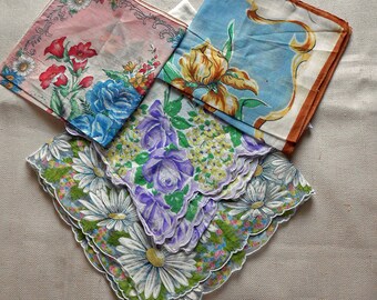 4 FINE LINEN HANKIE Lot, Spring Iris Roses Foxgloves Daisies Forget Me Not Wedding Bridesmaids Mother's Day Gift Vintage 1950s Clean Find