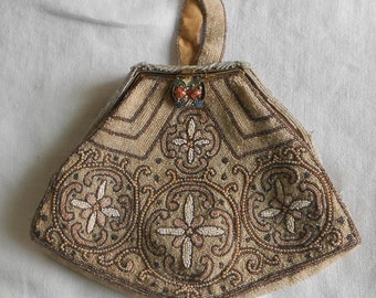 Art Nouveau French Purse Antique Beaded Reticule Bag Cloisonne Trim Daisies Gold Outlines